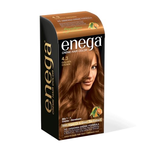 Image of Enega No Ammonia Grey Coverage Long Lasting Creme Hair Color with Argan Oil & Green Tea Extract - Pack of 1(150 ML) (Golden Brown)