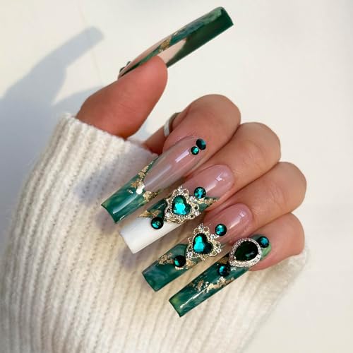 Real Gel Handmade Emerald Marble Halo Luxury Diamond French PressOn Nails Gems Coffin Fake Nails With Designs Glossy False Nails for Women and Girls (Emerald-XS) miniatura 5