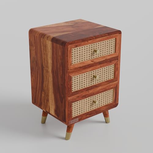 Image of DRIFTINGWOOD Amber Nightstand Bedside Table with 3 Drawers - Solid Sheesham Wood & Rattan Cane Front - Mid Century Modern Wooden End Table for Bedroom - Honey Finish