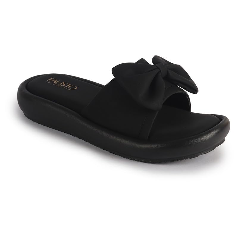 Image of FAUSTO Women Open Toe Bow Design Slip On Sliders | Extra Comfort Cushioned Insole Slippers | Classic Flat Sandals for All Day Long