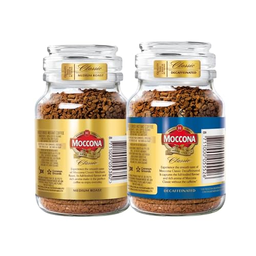 Image of Moccona Classic Medium Roast + Classic Decaffeinated Instant Coffee - 200g (Pack of 2)| Imported Coffee | Premium Arabica & Robusta Blend | Freeze-Dried | Bold & Strong Flavor