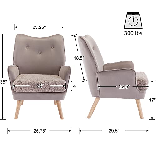 Vescasa Velvet Tufted Accent Chair With Wood Legs, Modern Wingback Armchair With Sherpa Padded Seat Cushion For Living Room/Bedroom/Reading, Light Grey #TOP1