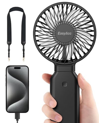 EasyAcc Ventilatore Portatile 9000mAh Ventilatore USB-C con Cordino per Fotocamera, 53 Ore Ventilatore Batteria, 4 Velocità Ventilatore Powerbank Pieghevole Lavabile per Viaggio All'aperto Desktop