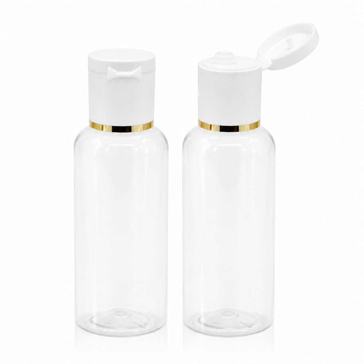 halin clear travel bottles with flip cap and gold ring, 100ml 2 pack | leak-proof flip top, refillable container, tsa-friendly size, transparent body, toiletry use