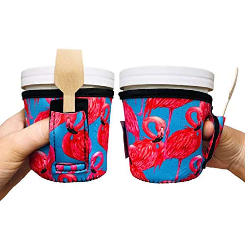 Lit Handlers Ice Cream Cooler Sleeve - Neoprene Ice Cream Pint Holder with Handle & Pocket - Tear Resistant Cooler & Container - Machine Washable & Leak Proof Cup Cover for Yogurt (Blue Flamingo)