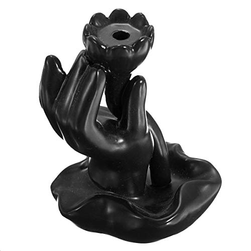 Image of CRAFTAM Polyresin Decorative Smoke Backflow Cone Incense Holder with 10 Smoke Cones (Flower in Hand, Black)