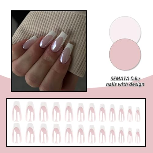 SEMATA Acrylic French Tip Press on Nails Medium Long Square Nails Press ons Coffin Chrome Pink Glue on Fake Nail with Glossy Designs Artificial Stick on False Nail for Women 24Pcs — view 5