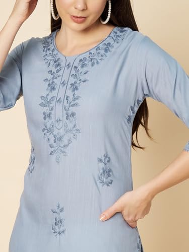 Image of Women's Chikankari-Lucknowi Embroidered Work | Knee Length | Round Neck | Cotton Fabric | Straight Kurta