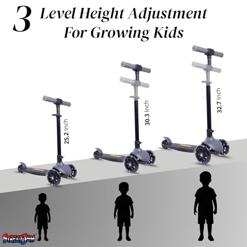 Image of STREETJAM Zoltra LED Wheel Kids Kick Scooter 3-12 Years, LED Light Wheels, BIS Approved, Lean-to-Steer Control, Extra Wide Deck, Vibrant Two-Tone Design, Up to 50 kg Load (Grey with Black)