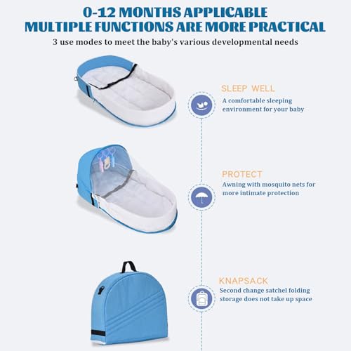 CNAFGBGG Cama de Viaje para bebé, moisés portátil Plegable, Cuna de Viaje con Dosel y Juguetes para guardería, Tienda de campaña Lavable y Desmontable para bebé, Azul.. - imagen 5