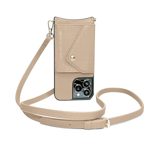 Alexander Michael Caviar Phone Case and Wallet with 2 Straps in Premium Leather, Anti-Theft Phone Crossbody (Beige, iPhone 14)