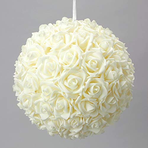 Simply Elegant 4 Count 14" Round Foam Pomander Rose Kissing Ball (90 Flowers) with Satin Ribbon for Hanging Wedding Decor and Centerpieces (Ivory)
