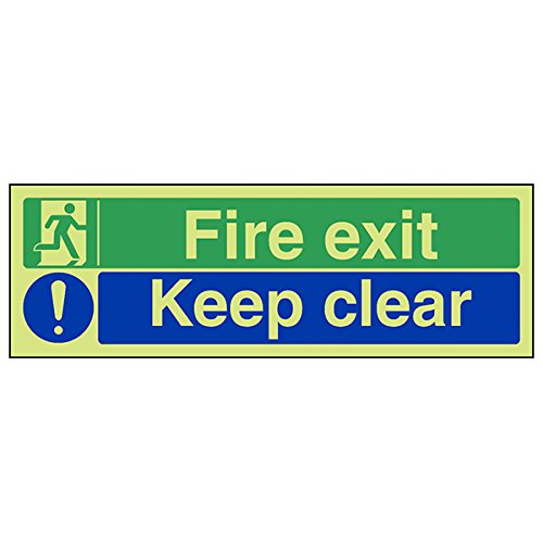V Safety Glow In The Dark Fire Exit/Keep Clear Sign - 300mm x 100mm - Rigid Plastic