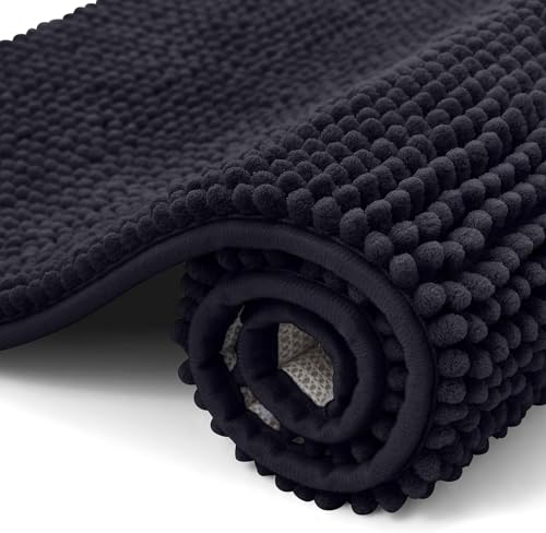 smiry Non Slip Chenille Bath Mat, Extra Soft Bathroom Mat, Super Absorbent Fluffy Bath Mats for Bathroom, Machine-Washable Quick Dry Bath Rug Foot Mat, 40 x 60 cm, Black