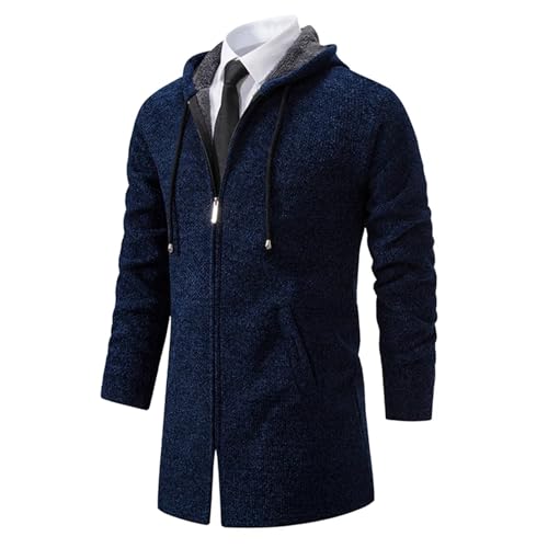 Men's Zipper Turn-Down Collar Knitted Hooded Cardigan Men Fleece Long Sweatercoat Solid Color Warm Trench3