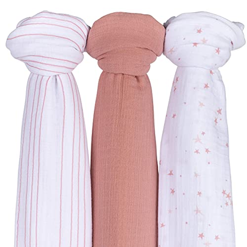 Image of Ely's & Co. Muslin Swaddle Blanket 3-Pack for Baby Girl - 100% Cotton Muslin Extra-Large Swaddle Blankets (47 inch x 47 inch) - (Mauve Pink Stars │ Solid Dusty Rose │ Dusty Rose Stripes)