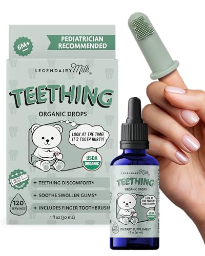 Image of Organic Baby Teething Relief Drops with Silicone Toothbrush, Gum Relief for Babies & Toddlers 6 M+, Soothing Chamomile Clove Blend, Teething Gel Alternative, Sugar Free, 120 Servings, Legendairy Milk