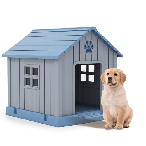 GYMAX Plastic Dog House, Indoor Outdoor Dog Kennel with Air 