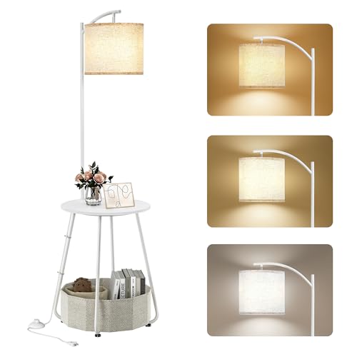 Image of LUTEC Floor Lamp with Table, Night Stand with Lamp, Round SideTable with Fabric Basket, 3 Color Temperatures 9W LED Bulb, Modern End Table for Bedroom, Living Room, White