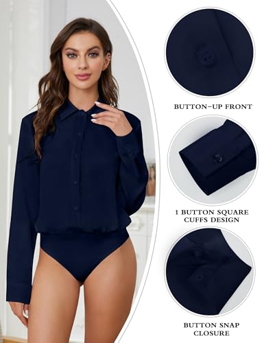 TQD Women Button Down Bodysuit Long Sleeve Collared Shirt Satin Blouse Bodysuits Tops Business Casual Office Professional3