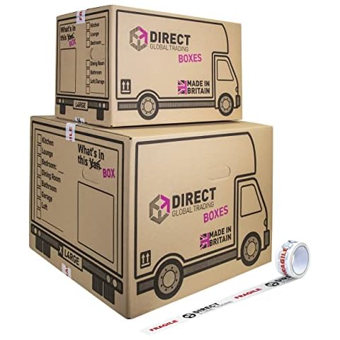 10 Mixed Boxes Extra Large and Large House Moving Storage Packing Boxes with 66 Metre Roll of Fragile Tape Cover