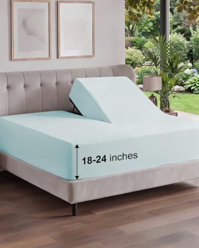 Image of Extra Deep Flex Top Split Head King Fitted Sheet - Hotel Luxury Single Fitted Sheet Only - Easily Fits 18 inch to 24 inch Mattress - Ultra Soft, Wrinkle Free w /Extra Deep Pockets - Ice Blue