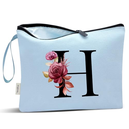 Image of Vavabox A-Z Personalized Makeup Bag, Birthday Gifts for Women Mom, Gifts for Best Friend, Bride Bridesmaid Cosmetic bag (H, Blue)