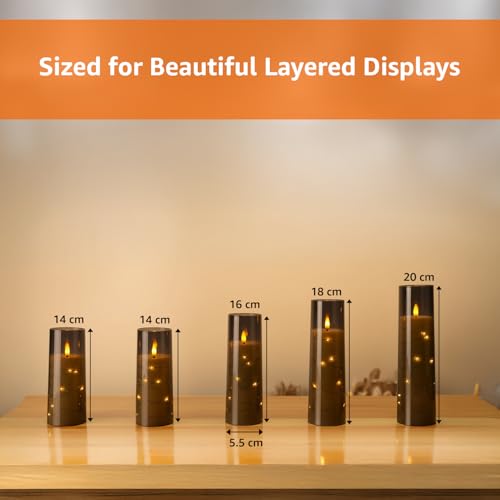 Image of Amazon Basics LED Flameless Candles with String Light Effect Set of 5 (2 Pcs of 5.5x14 cm , 5.5x16, 5.5x18cm, 5.5x20 CM), Grey Acrylic material, Ivory Pillars, Steady Warm Light, Remote & Timer, Battery Operated Indoor Decor