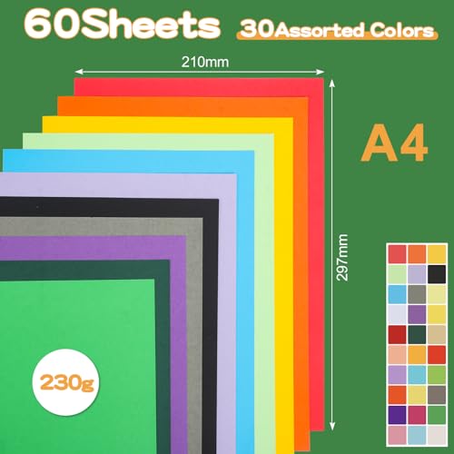 60 Blatt A4 Tonpapier Bunt, Bastelpapier Buntes Papier, Origami-Papier, 30 leuchtende Farben, 230 g/m², Malpapier Kinder beidseitig Farbige Papiere doppelseitiges für DIY Kunsthandwerksprojekte