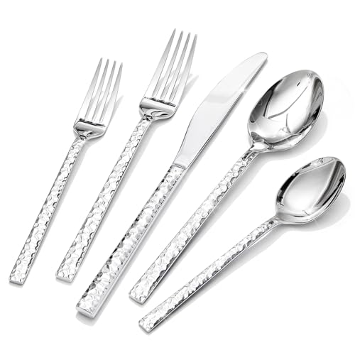 KINGSTONE 60 Piece Hammered Silverware Set, 18/10 Stainless Steel Flatware Set for 12, Cutlery Set for Home, Party, Wedding, Mirror Polished Dishwasher Safe