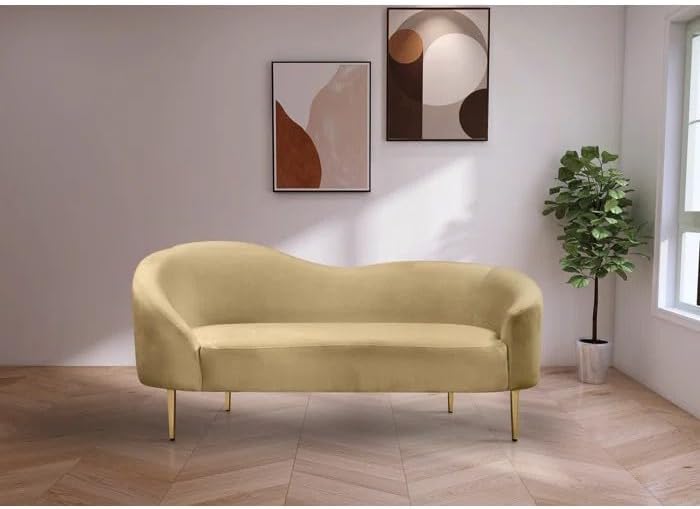Rosewood Velvet 2-Seater Couch Curved Back and Golden Legs, for Living Room or Bedroom (Camel Brown)