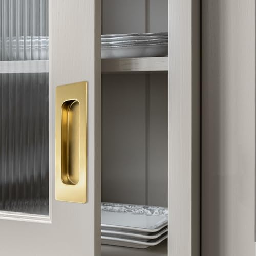 Image of MOROBOR 2pcs Square Bright Gold Flush Pull Recessed Finger Pulls, Length Sliding Door Handles Concealed Handle Stainless Steel Cabinet Pulls for Wardrobe Drawer