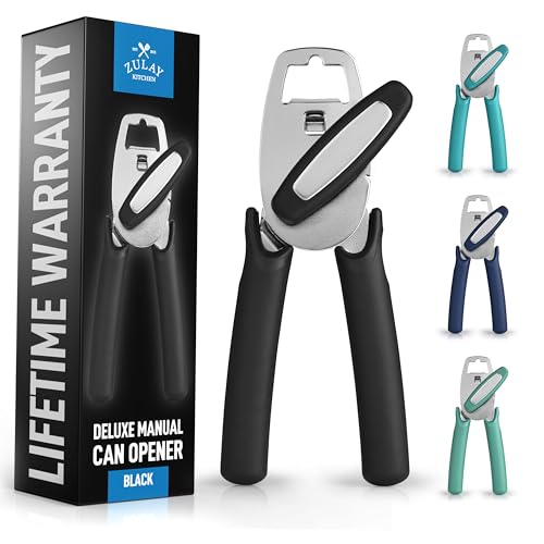 Zulay Kitchen Heavy Duty Stainless Steel Manual Can Opener – Ergonomic Soft Grip Handles, Smooth Edge Cutting Wheel & Large Built In Bottle Opener – Easy Turn Knob for Effortless Use - Black