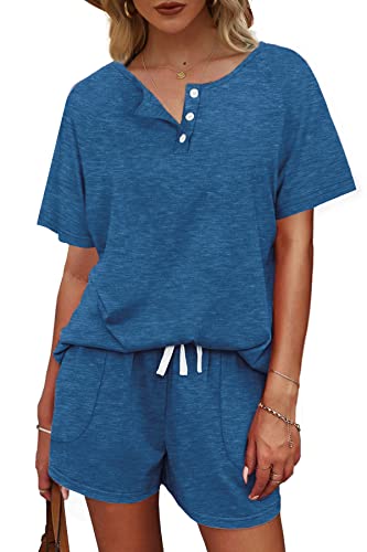 Image of WIHOLL Two Piece Outfits for Women Lounge Sets Button Down Top and Shorts Set Sweatsuits with Pockets