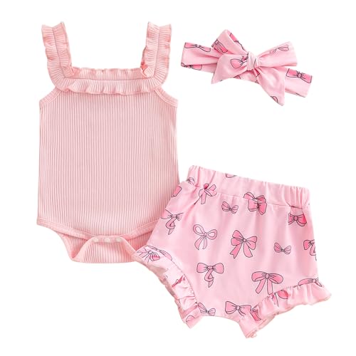 Baby Girl Clothes Summer Sleeveless Rib Knit Romper Bow Print Shorts Headband Set 0 3 6 12 18 Months (Pink, 3-6 Months)