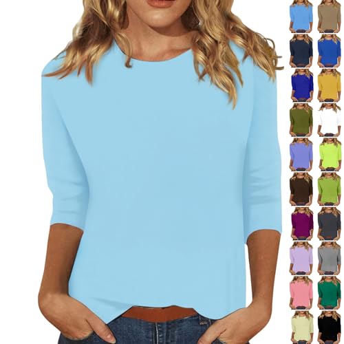 Women's 3/4 Sleeve Tops Dressy Casual Round Neck Loose Tee Shirts Three Quarter Length Shirts Lightweight Solid Tunic Tops 3/4 Sleeve Tunic Tops for Women Shirts for Women Trendy Spring Light Blue
