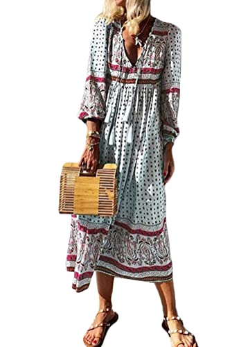 ticticlily Vestido Mujer Verano Boho Elegante Maxi Vestidos Manga Larga y Cuello V Estampado Floral Vestido Casual Playa Fiesta Vestidos Ocio Suelto Talla Grande B Rojo L Cover