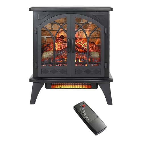 ESPIDOO 24 Inch Electric Fireplace Stove: 3D Flame Infrared Quartz Heater with Remote Control - Traditional Black Metal Design for Bedroom & Living Room | Portable Indoor Heating & Decorative Fireplac
