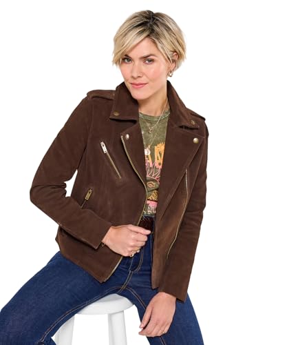 Joe Browns Womens Soft Suede Collared Biker Jacket, Brown, 14 UK
