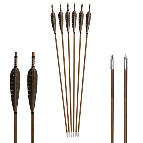 TOPARCHERY 6pcs 31 inch Bamboo Arrows with Medieval Arrow Heads and 5 Inches of Natural Feathers for Traditional Bow Recurve Bow