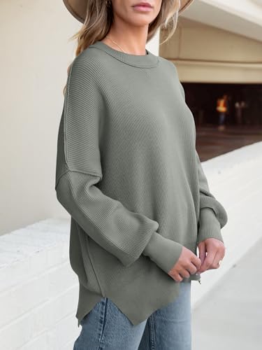 Image of ANRABESS Women Oversized Sweaters Batwing Long Sleeve 2026 Fall Outfits Crewneck Casual Knit Side Slit Fashion Pullover Top