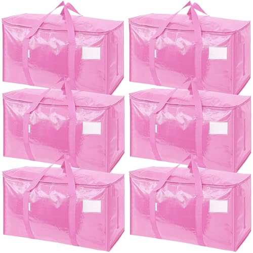 Image of TICONN 6 Pack Extra Large Moving Bags Heavy Duty with Zippers & Carrying Handles, Durable Storage Bags Moving Boxes for Closet Organizers and Storage (6 Pack, Pink)