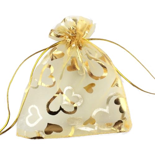 Image of 100 pcs 3.5 x 4.7 Inch Flower Heart Organza Jewelry Gift Pouch Candy Pouch Drawstring Wedding Favor Bags X92 (gold gold heart)