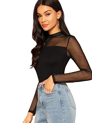SweatyRocks Women's Elegant Long Sleeve Contrast Sheer Mesh Slim Fit T Shirt Tops Black #1 S