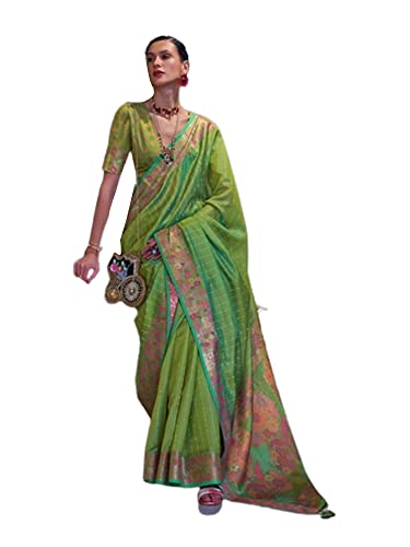 Sari traditionnel ethnique vert 8318 semi-cousu pour femme