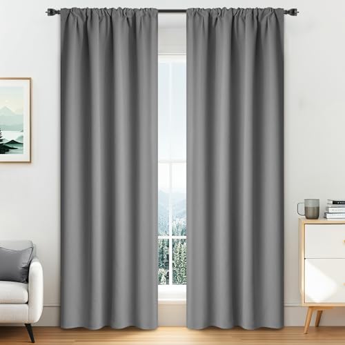 Yakamok Grey Rod Pocket Blackout Curtains 84 inches Long for Bedroom