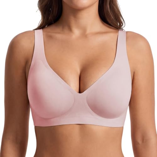 Women Wireless Jelly Bras Seamless V Neck, Pink, Medium