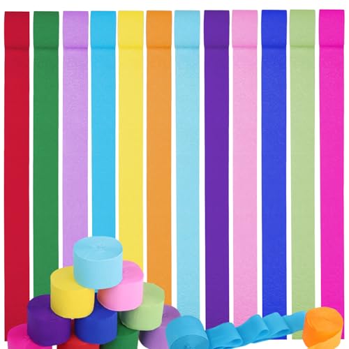 12 rollos de papel crepé colorido, cinta decorativa, serpentinas fiesta para bodas, celebraciones y proyectos creativos, tiras multicolor de 4,5 cm x 25 m