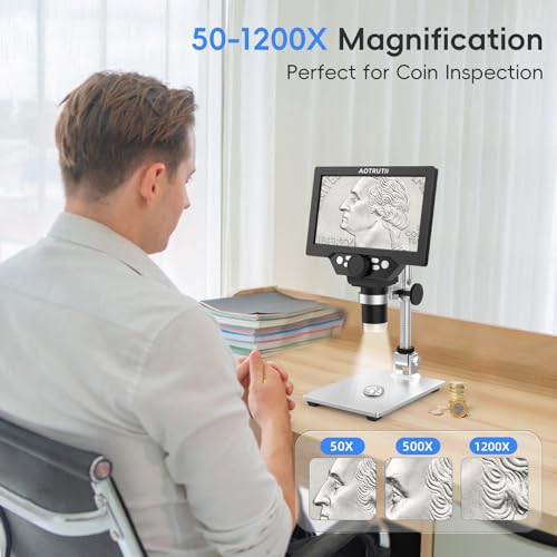 Image of 7 inch LCD Digital Microscope 1200X Magnification, 1080P Coin Microscope with Metal Stand | 8 LED Lights & Ultra-Precise Focus | Coin, Stamp, Windows /Mac Compatible