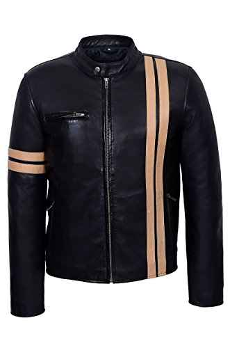 Veste moto cuir homme peau d'agneau blouson driver noir et beige racing